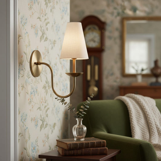 
Disc Classic Wall Sconce with White Linen Shade, 5 in / 12.7 cm